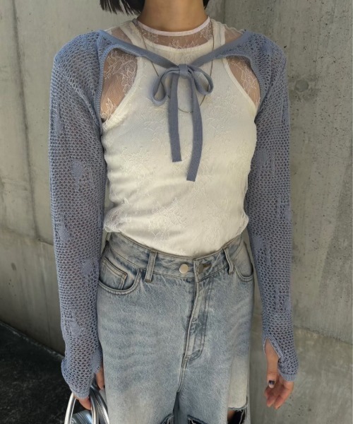 HONEY MI HONEY(ハニーミーハニー)の「logo jacquard ribbon bolero(カーディガン/ボレロ・レディース・ベージュ/ピンク/サックスブルー/ブラック・FREE)」の21枚目の写真