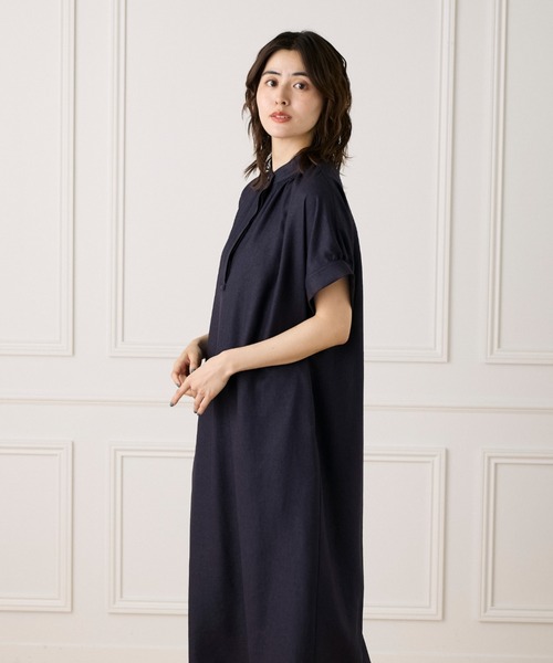 美品◇INED イネド ワンピース 濃紺色 size9 M 7部丈 セール】麻見えスタンドカラーワンピース（ワンピース）｜INED