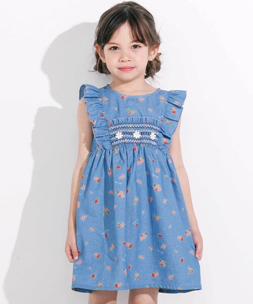 しゃんシャン　新品　スモッキングワンピース　2点　水色　黄色 セール】【お揃い】デニムチェックイチゴ×お花プリント