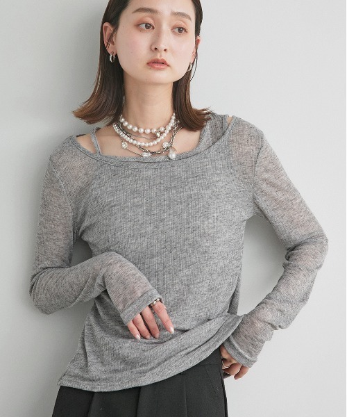ad thie(アドティエ)の「レイヤードデザイン シアーカットソー(Tシャツ/カットソー・レディース・杢グレー/オフホワイト/ブラック・FREE)」の2枚目の写真