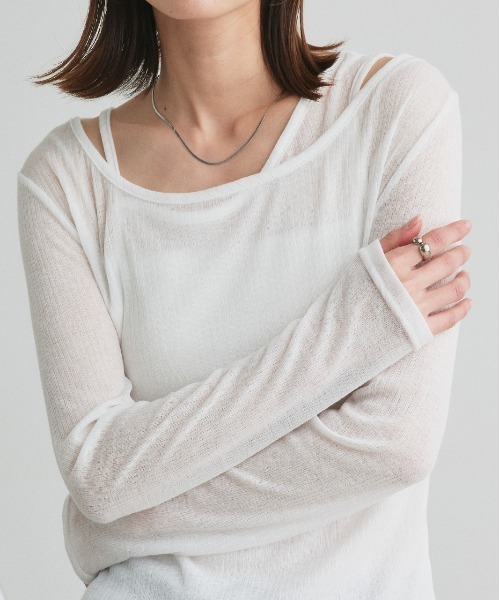 ad thie(アドティエ)の「レイヤードデザイン シアーカットソー(Tシャツ/カットソー・レディース・杢グレー/オフホワイト/ブラック・FREE)」の1枚目の写真