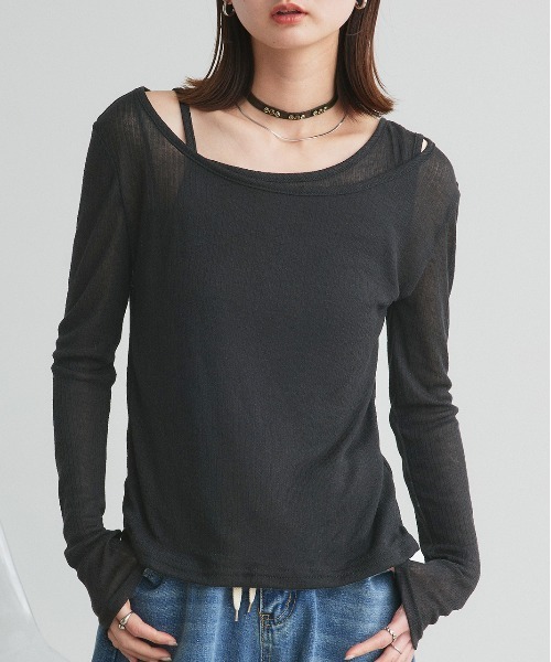ad thie(アドティエ)の「レイヤードデザイン シアーカットソー(Tシャツ/カットソー・レディース・杢グレー/オフホワイト/ブラック・FREE)」の3枚目の写真
