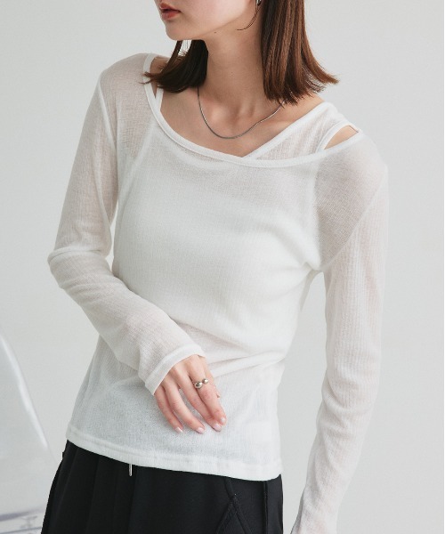 ad thie(アドティエ)の「レイヤードデザイン シアーカットソー(Tシャツ/カットソー・レディース・杢グレー/オフホワイト/ブラック・FREE)」の8枚目の写真
