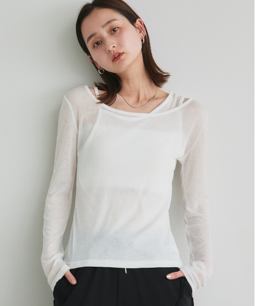 ad thie(アドティエ)の「レイヤードデザイン シアーカットソー(Tシャツ/カットソー・レディース・杢グレー/オフホワイト/ブラック・FREE)」の5枚目の写真
