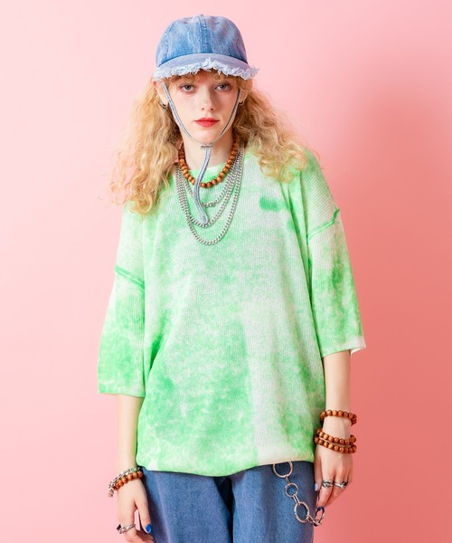 a.p.o.v.(エーピーオービー)の「a.p.o.v. ダートスプレープリントオーバーサイズニットTシャツ(Tシャツ/カットソー・メンズ・ブラック/ピンク/グリーン/ブルー・ONESIZE)」の2枚目の写真