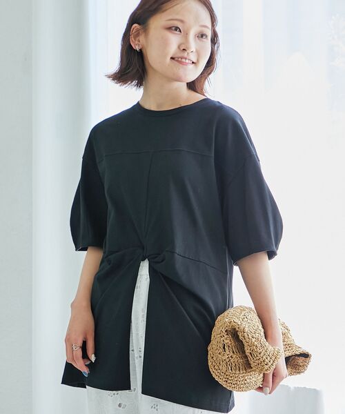 le.coeur blanc（ルクールブラン）の「《手洗い可能》フロントツイストTシャツ（Tシャツ/カットソー・レディース・オフホワイト/ライトグリーン/ブラック・38）」の3枚目の写真