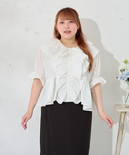セール】【大きいサイズ】ラッフル襟ブラウス（シャツ/ブラウス