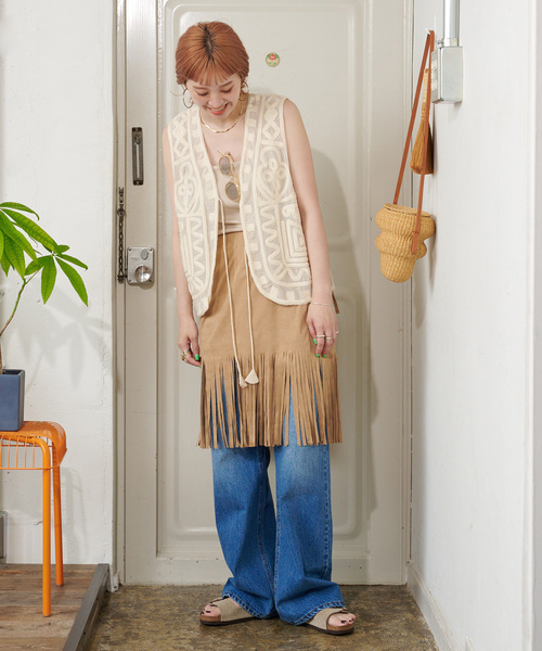 スカート　ベージュ　0 新品　フォロー割-200円 B.C STOCK（ベーセーストック）の「【ZOZO限定】手洗い可 / フリンジ