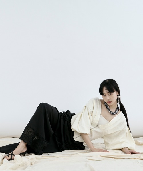 Ezick（エジック）の「drawstring skirt set  レースドッキングパンツ（スラックス・レディース・ブラック/アイボリー・FREE）」の15枚目の写真