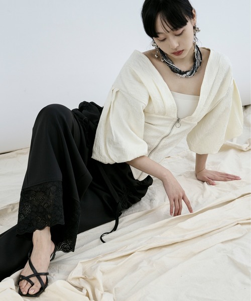 Ezick（エジック）の「drawstring skirt set  レースドッキングパンツ（スラックス・レディース・ブラック/アイボリー・FREE）」の16枚目の写真