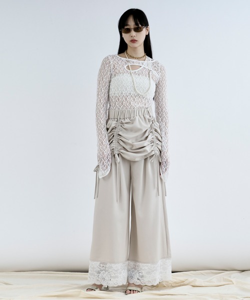 Ezick（エジック）の「drawstring skirt set  レースドッキングパンツ（スラックス・レディース・ブラック/アイボリー・FREE）」の9枚目の写真