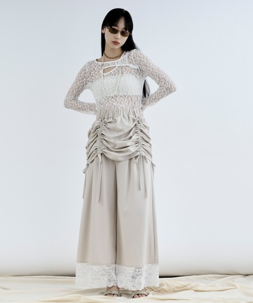 Ezick（エジック）の「drawstring skirt set  レースドッキングパンツ（スラックス・レディース・ブラック/アイボリー・FREE）」の11枚目の写真