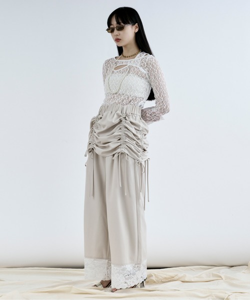 Ezick（エジック）の「drawstring skirt set  レースドッキングパンツ（スラックス・レディース・ブラック/アイボリー・FREE）」の12枚目の写真