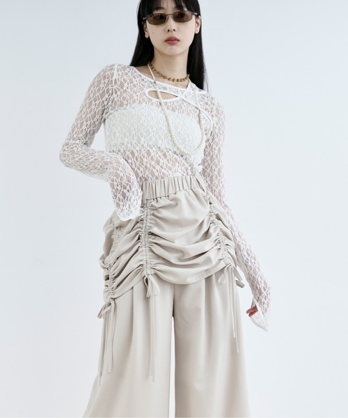 Ezick（エジック）の「drawstring skirt set  レースドッキングパンツ（スラックス・レディース・ブラック/アイボリー・FREE）」の7枚目の写真