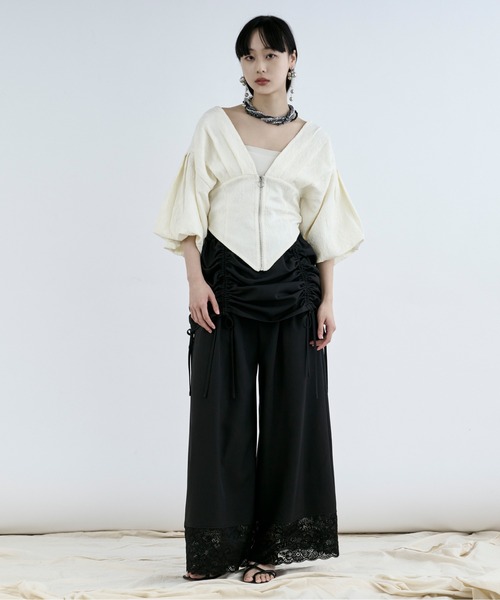 Ezick（エジック）の「drawstring skirt set  レースドッキングパンツ（スラックス・レディース・ブラック/アイボリー・FREE）」の22枚目の写真