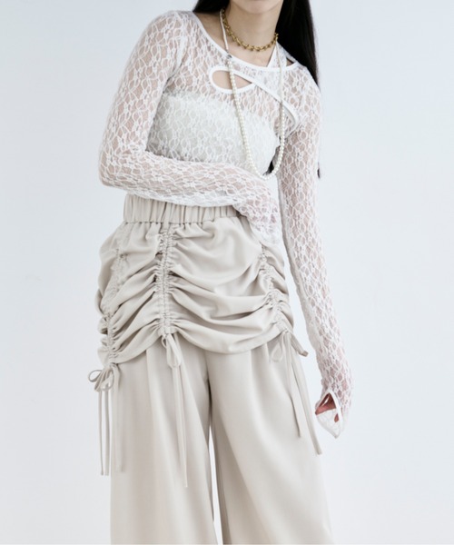 Ezick（エジック）の「drawstring skirt set  レースドッキングパンツ（スラックス・レディース・ブラック/アイボリー・FREE）」の8枚目の写真