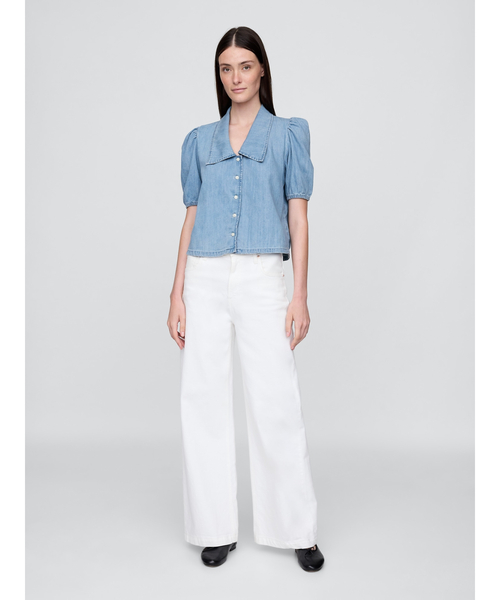 GAP（ギャップ）の「デニム パフスリーブ カラーシャツ（シャツ/ブラウス・レディース・インディゴブルー・XS/S/M/L/XXS）」の2枚目の写真