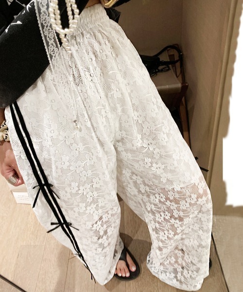 セール】花柄刺繍レースサイドリボンワイドパンツ（その他パンツ