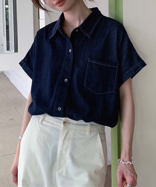 LAFFMO(ラフモ)の「フレンチスリーブデニムシャツ(シャツ/ブラウス・レディース・ブルー/ネイビー・M/L)」の13枚目の写真