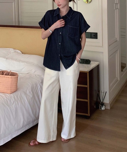 LAFFMO(ラフモ)の「フレンチスリーブデニムシャツ(シャツ/ブラウス・レディース・ブルー/ネイビー・M/L)」の6枚目の写真