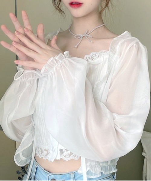 VIBGYOR(ヴィブジョー)の「シアーフリルレース リボンシャツ/冷房対策 日焼け対策(CZ)(シャツ/ブラウス・レディース・アイボリー/ホワイト・FREE)」の2枚目の写真