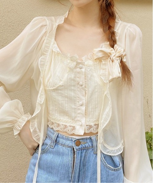VIBGYOR(ヴィブジョー)の「シアーフリルレース リボンシャツ/冷房対策 日焼け対策(CZ)(シャツ/ブラウス・レディース・アイボリー/ホワイト・FREE)」の1枚目の写真