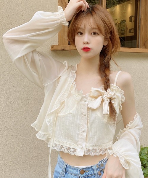VIBGYOR(ヴィブジョー)の「シアーフリルレース リボンシャツ/冷房対策 日焼け対策(CZ)(シャツ/ブラウス・レディース・アイボリー/ホワイト・FREE)」の3枚目の写真