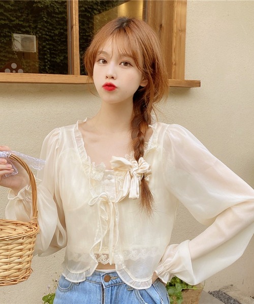 VIBGYOR(ヴィブジョー)の「シアーフリルレース リボンシャツ/冷房対策 日焼け対策(CZ)(シャツ/ブラウス・レディース・アイボリー/ホワイト・FREE)」の4枚目の写真