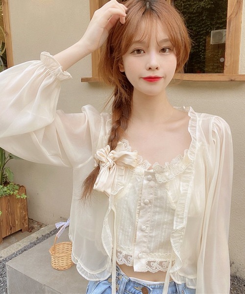 VIBGYOR(ヴィブジョー)の「シアーフリルレース リボンシャツ/冷房対策 日焼け対策(CZ)(シャツ/ブラウス・レディース・アイボリー/ホワイト・FREE)」の6枚目の写真