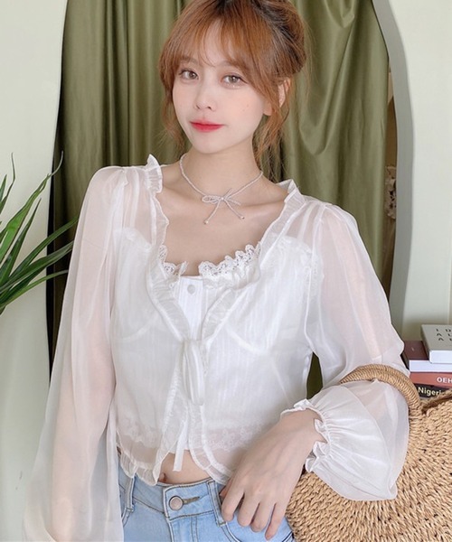 VIBGYOR(ヴィブジョー)の「シアーフリルレース リボンシャツ/冷房対策 日焼け対策(CZ)(シャツ/ブラウス・レディース・アイボリー/ホワイト・FREE)」の7枚目の写真