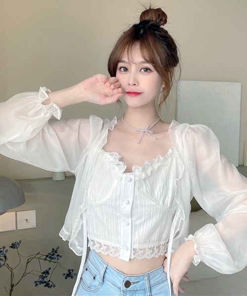VIBGYOR(ヴィブジョー)の「シアーフリルレース リボンシャツ/冷房対策 日焼け対策(CZ)(シャツ/ブラウス・レディース・アイボリー/ホワイト・FREE)」の8枚目の写真