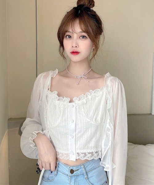 VIBGYOR(ヴィブジョー)の「シアーフリルレース リボンシャツ/冷房対策 日焼け対策(CZ)(シャツ/ブラウス・レディース・アイボリー/ホワイト・FREE)」の9枚目の写真