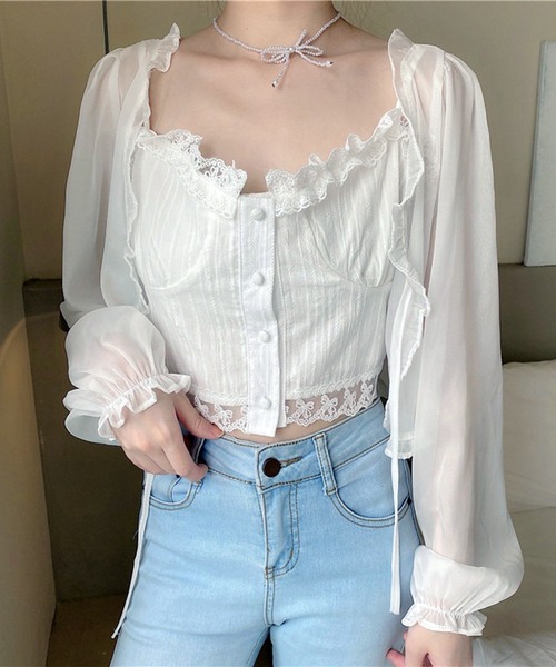 VIBGYOR(ヴィブジョー)の「シアーフリルレース リボンシャツ/冷房対策 日焼け対策(CZ)(シャツ/ブラウス・レディース・アイボリー/ホワイト・FREE)」の10枚目の写真