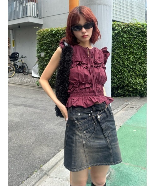 SLY（スライ）の「J/W SWITCHING S/SK ジャストウエスト スイッチング ショートスカート 秋服（デニムスカート・レディース・ブルー/ダークブルー・0/1）」の20枚目の写真