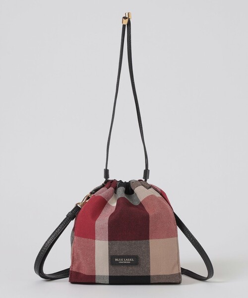 美品　ブルーレーベルクレストブリッジ　巾着　ショルダーバック　チェック クレストブリッジチェックキャンバス巾着ショルダー（ショルダー