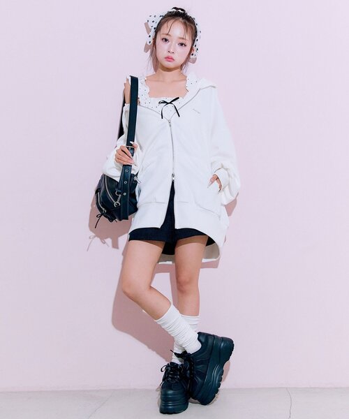 【美品】poppy　グレーパーカー　レース poppy フラワーレース付きグレーパーカー