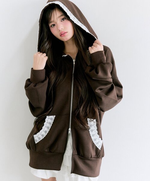 美品★即完売★大人気DRAWER グレー フリンジ パーカー レース付きZIPパーカー（パーカー）｜OLIVE des OLIVE（オリーブ