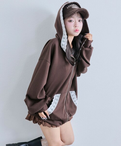 OLIVE des OLIVE（オリーブデオリーブ）の「レース付きZIPパーカー（パーカー・レディース・チャコールグレー/トップグレー/オフホワイト/ブラック/ブラウン・FREE）」の5枚目の写真