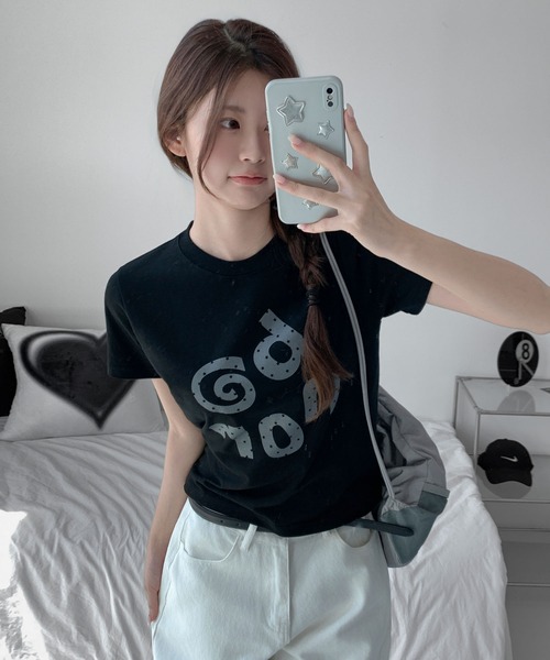 UNE MANSION(ユヌマンション)の「ユニークロゴクロップドバイカラードットパターン半袖Tシャツ(Tシャツ/カットソー・レディース・ブラック/ワイン/ホワイト・FREE)」の8枚目の写真