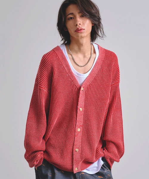 Revo. レヴォ パウダーブリーチ加工 ワッフル編み カーディガン ニット素材 程よくゆったりとした ルーズシルエット フェード加工 コットン カジュアル デイリー ユニセックス th-3973 Revo. パウダーブリーチ加工 ワッフル編み ルーズニット カーディガン