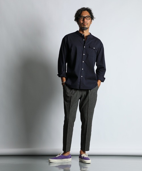 The DUFFER of ST.GEORGE(ザダファーオブセントジョージ)の「LINEN BLEND COOLMAX NO COLLAR SHIRT:セットアップ 麻混クールマックス ノーカラーシャツ(シャツ/ブラウス・メンズ・ネイビー/グレイッシュベージュ・X-LARGE/LARGE/MEDIUM/SMALL)」の8枚目の写真