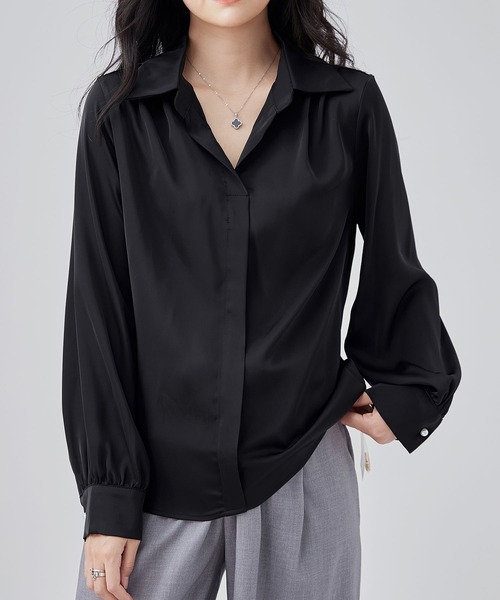 セール】スキッパーネック 比翼 デザイン 長袖 シャツ（シャツ