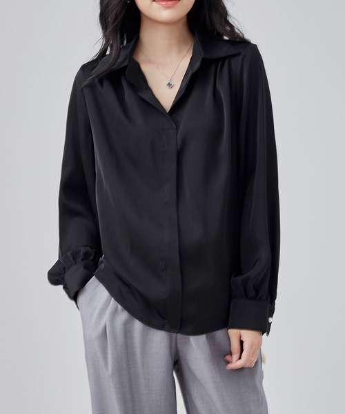 Lace Ladies(レースレディース)の「スキッパーネック 比翼 デザイン 長袖 シャツ(シャツ/ブラウス・レディース・アイボリー/ブラック/イエロー/ホワイト・XL/M)」の11枚目の写真