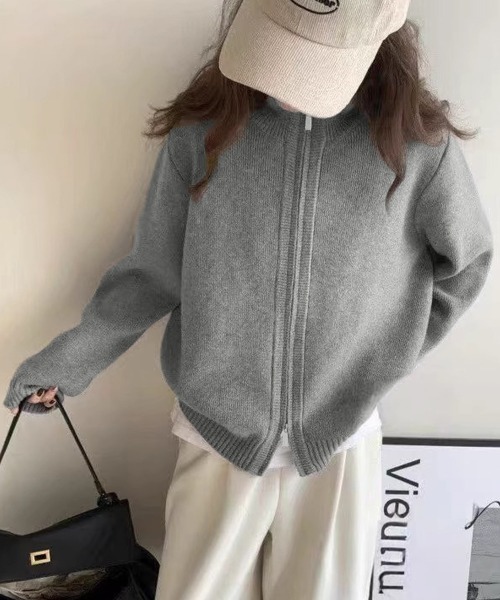 Miniministore(ミニミニストア)の「ダブルジップニットカーディガンレディース(ニット/セーター・レディース・グレイッシュベージュ/アイボリー/ブラック/カーキ/グレー/チェリーピンク/ワインレッド/ダークグレー・FREE)」の4枚目の写真