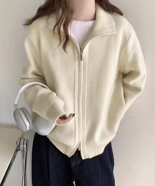Miniministore(ミニミニストア)の「ダブルジップニットカーディガンレディース(ニット/セーター・レディース・グレイッシュベージュ/アイボリー/ブラック/カーキ/グレー/チェリーピンク/ワインレッド/ダークグレー・FREE)」の2枚目の写真