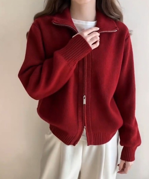 Miniministore(ミニミニストア)の「ダブルジップニットカーディガンレディース(ニット/セーター・レディース・グレイッシュベージュ/アイボリー/ブラック/カーキ/グレー/チェリーピンク/ワインレッド/ダークグレー・FREE)」の1枚目の写真