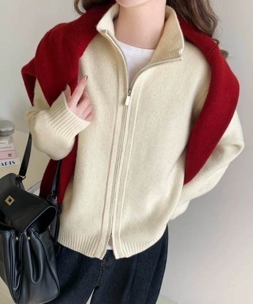 Miniministore(ミニミニストア)の「ダブルジップニットカーディガンレディース(ニット/セーター・レディース・グレイッシュベージュ/アイボリー/ブラック/カーキ/グレー/チェリーピンク/ワインレッド/ダークグレー・FREE)」の12枚目の写真