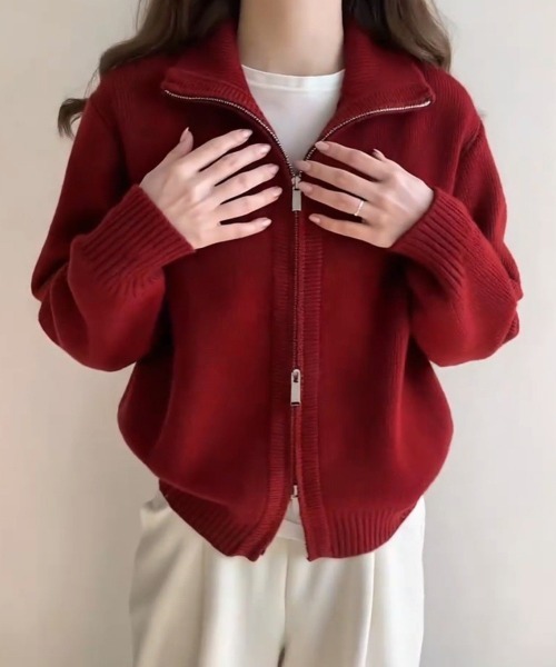 Miniministore(ミニミニストア)の「ダブルジップニットカーディガンレディース(ニット/セーター・レディース・グレイッシュベージュ/アイボリー/ブラック/カーキ/グレー/チェリーピンク/ワインレッド/ダークグレー・FREE)」の18枚目の写真