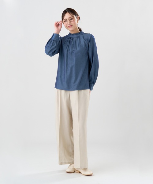 TOKYO SHIRTS（トウキョウシャツ）の「デニム風 衿フリル ブラウス（シャツ/ブラウス・レディース・ブルー/ホワイト・M/L）」の10枚目の写真