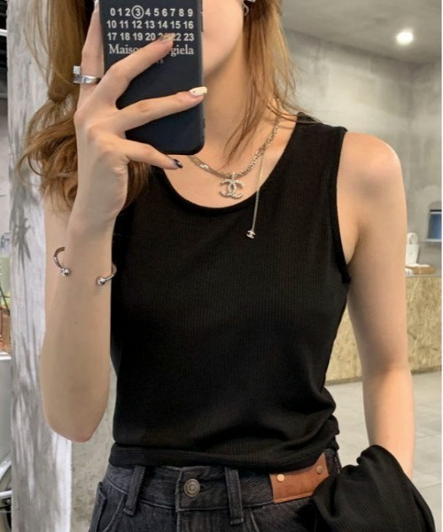 Mejoul（メジュール）の「【2点セット】リブカットカーディガン タンクトップ アンサンブルセット（ニット/セーター・レディース・ブラック/グレー・L/M）」の5枚目の写真